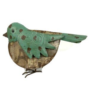 Metal Bird Figurine Whimsical Indoor Outdoor Decor Turquoise Brown